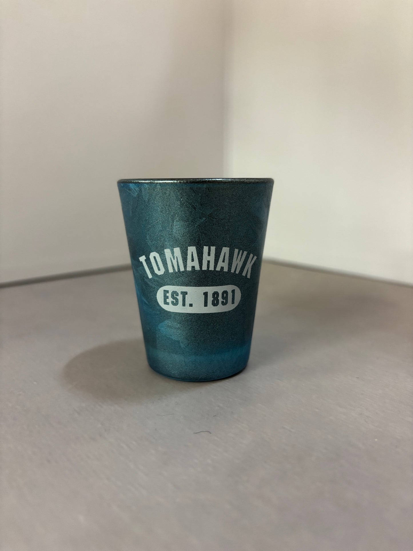 Tomahawk Est. 1891 Crackle Shot Glass