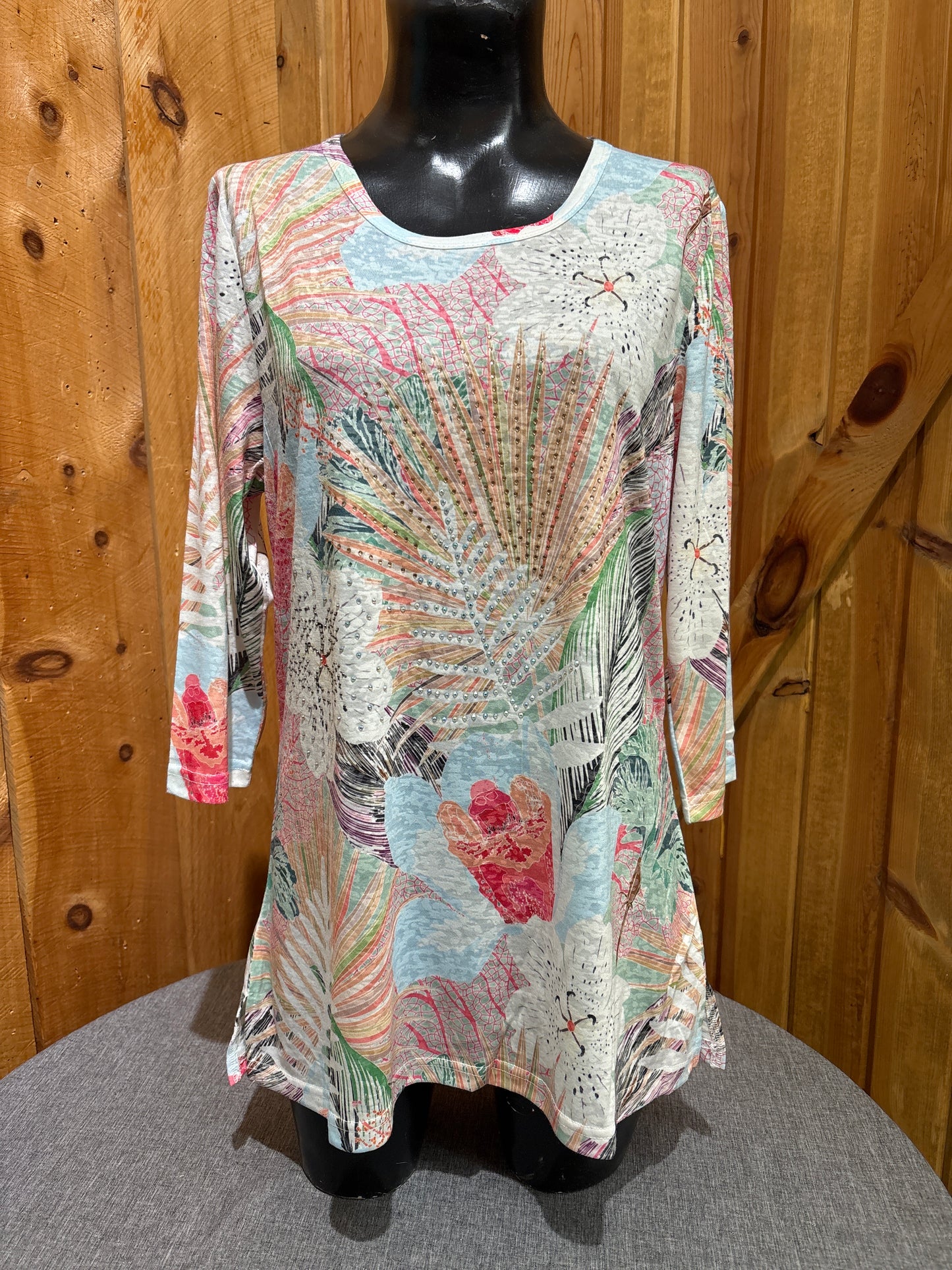 3/4 Sleeve Colorful Floral Top With Rhinestones