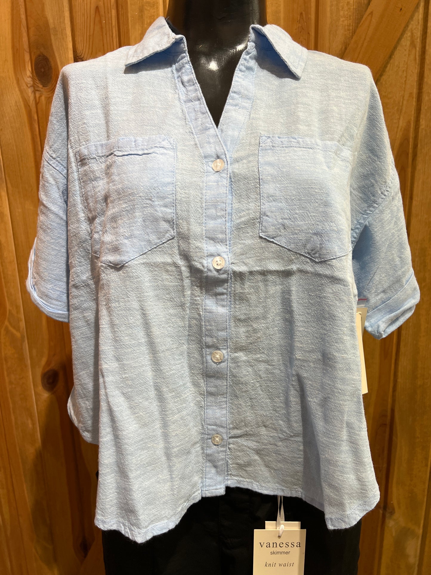 Dash Linen Short Sleeve Cropped 2 Pocket Blouse