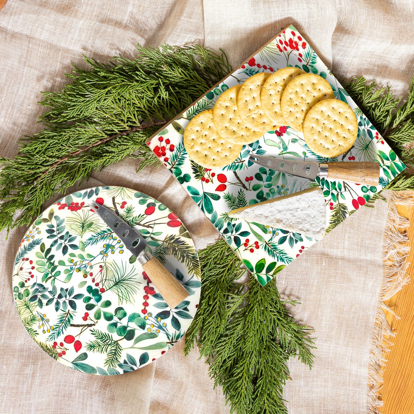 Festive Foliage Wooden Cheese Board With Knife