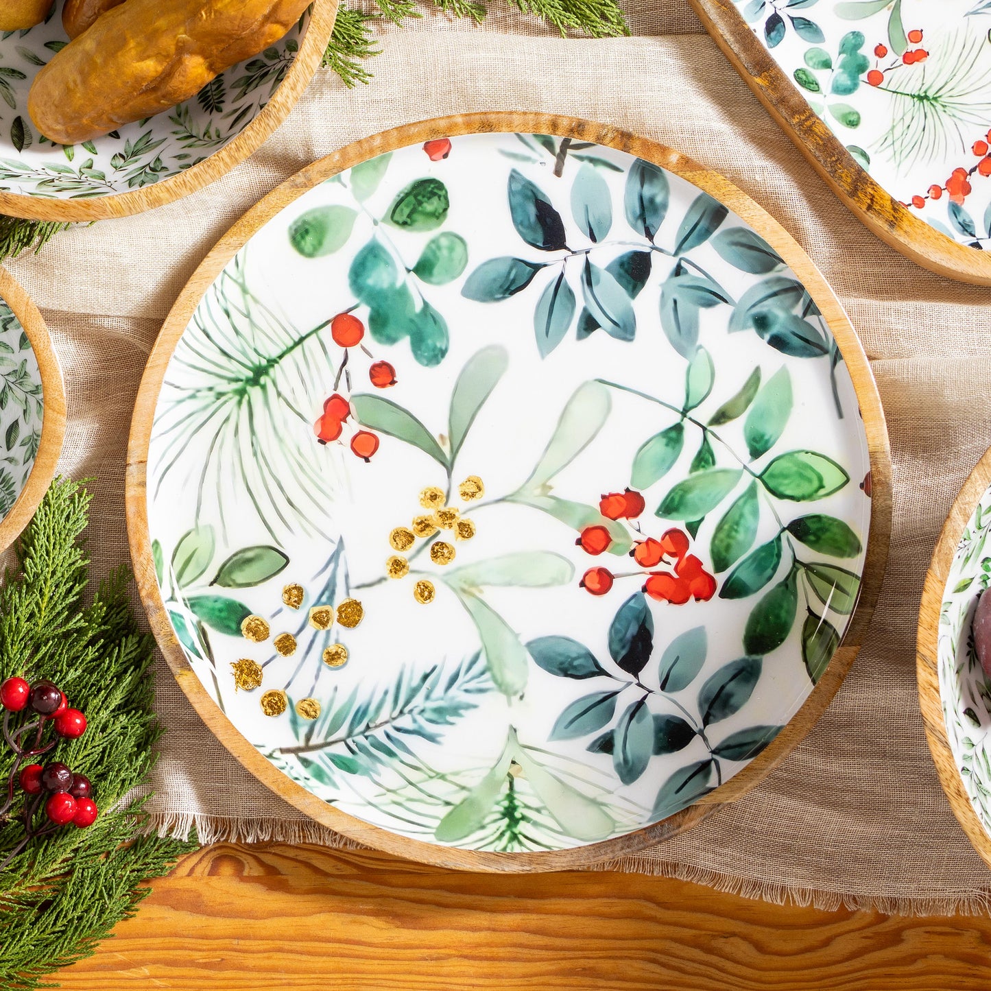 Festive Foliage Round Wood Platter