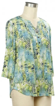 3/4 Sleeve Blue Green Patch Print Top