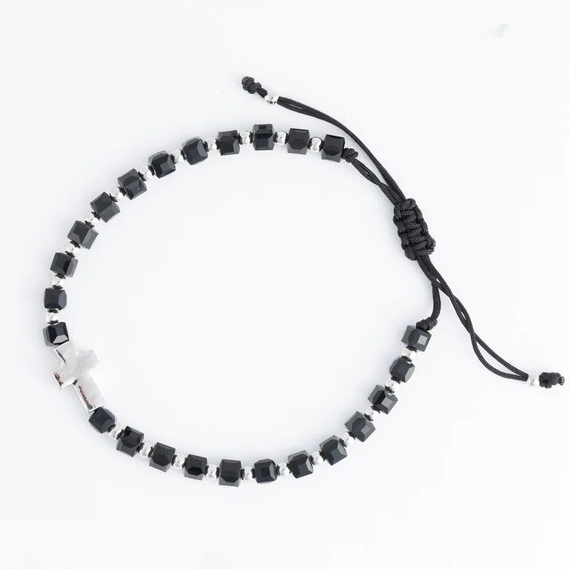 Adjustable Square Glass Bead and Cross Bracelet