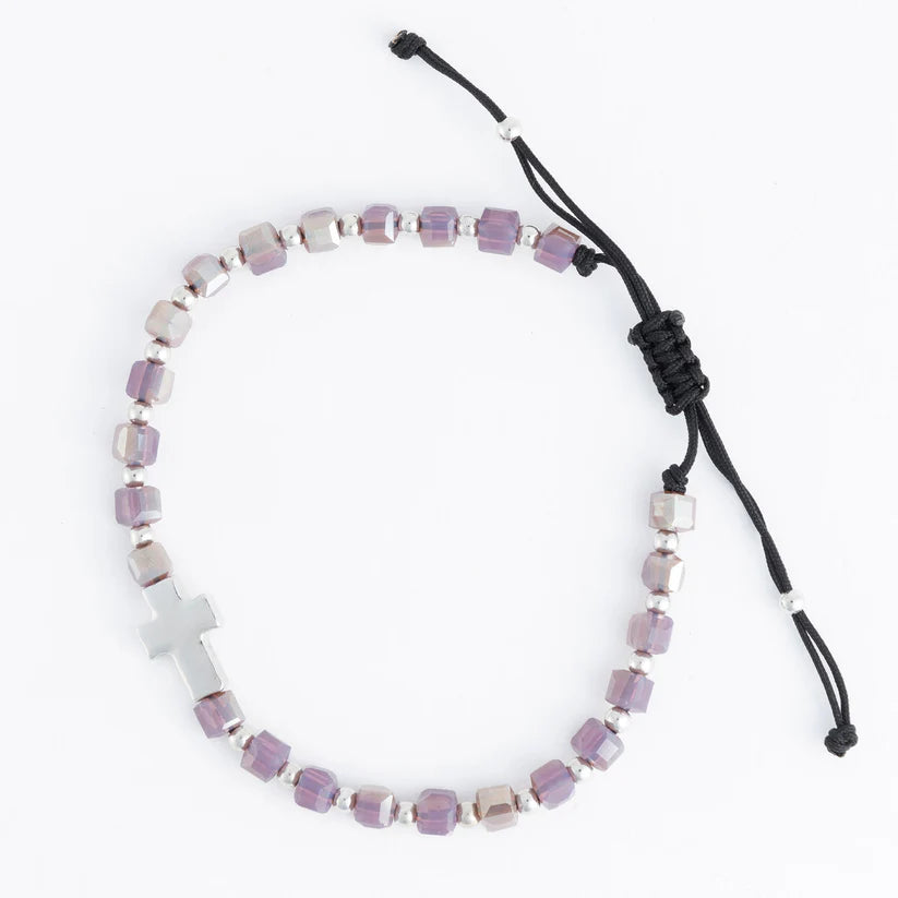 Adjustable Square Glass Bead and Cross Bracelet