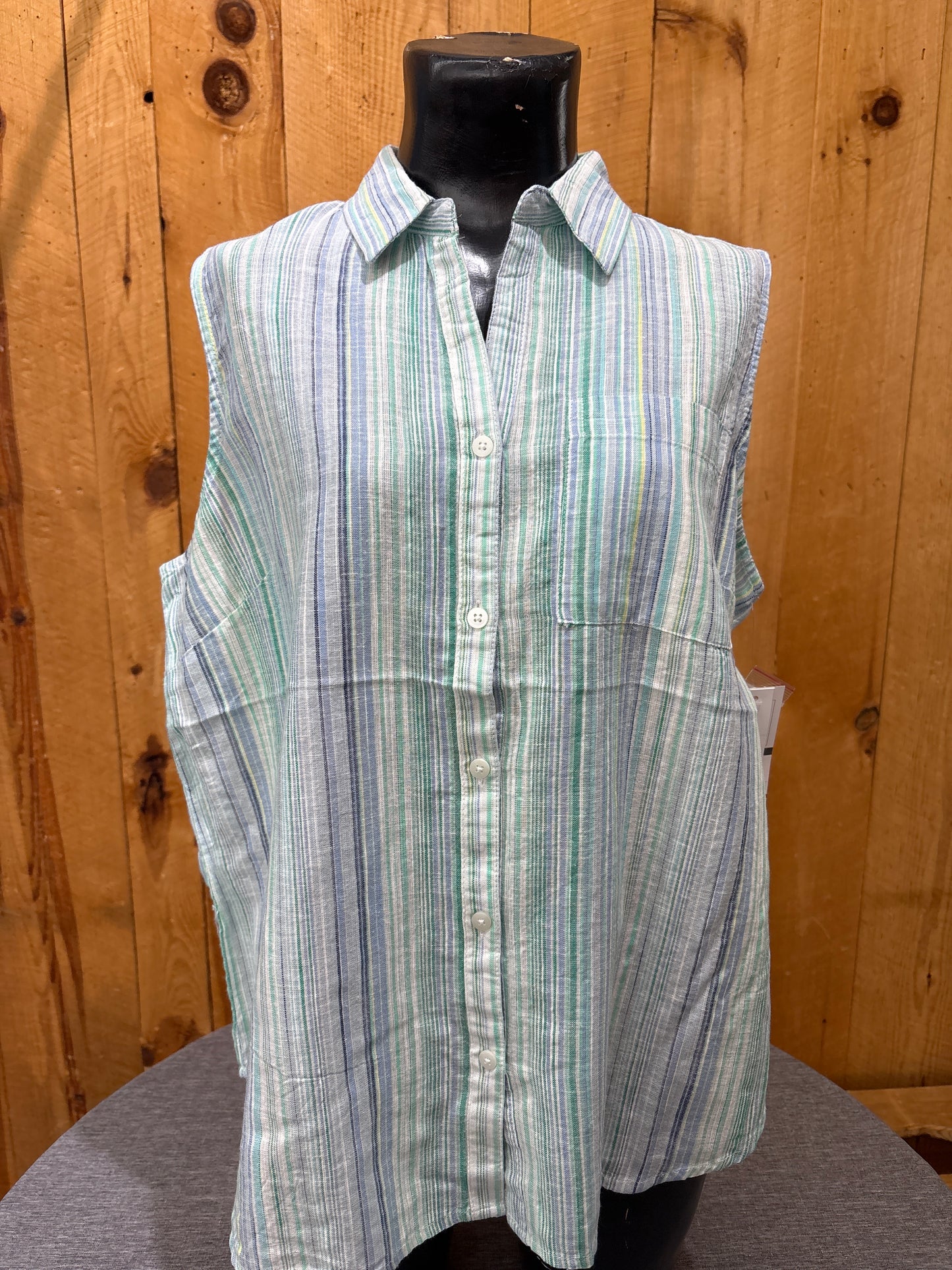 Sleeveless Blue Green Pocket Blouse