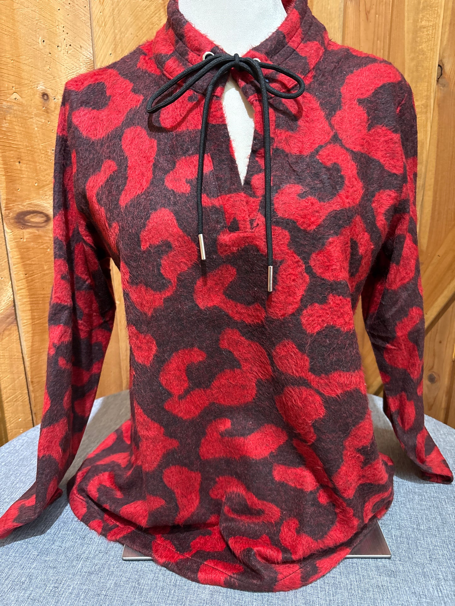 Creation Fuzzy Leopard Print Drawstring Top
