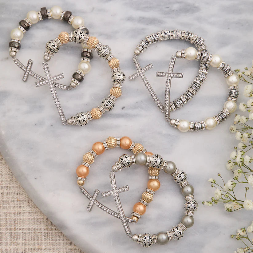 Pearl and Stone Cross Bracelet