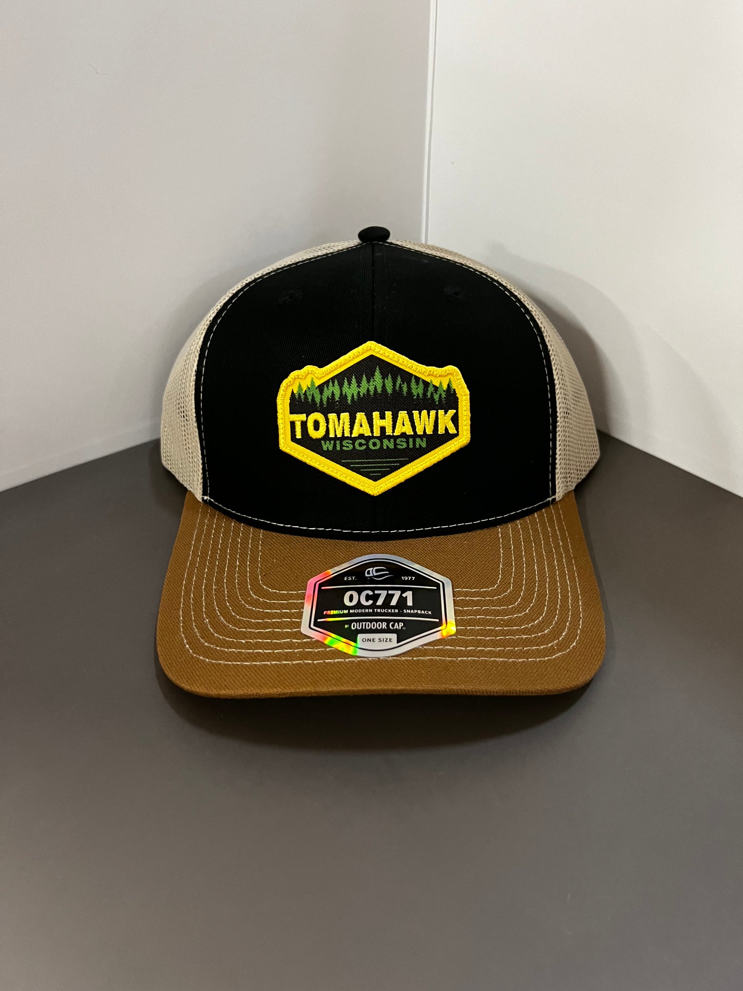 Tomahawk WI With Tree Black Patch Trucker Hat