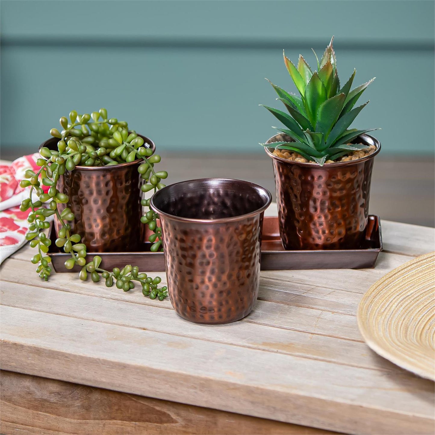 Hammered Metal Planters on Oval Tray