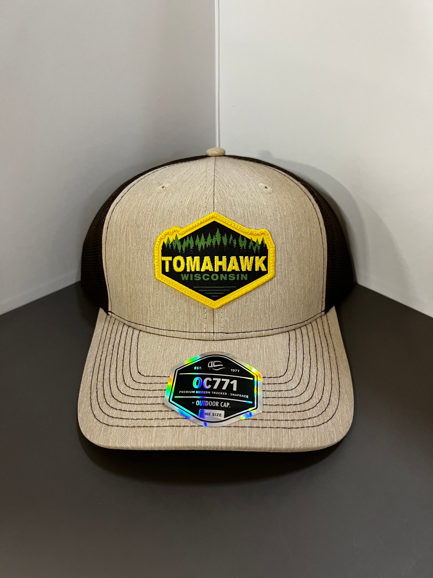 Tomahawk WI With Tree Black Patch Trucker Hat