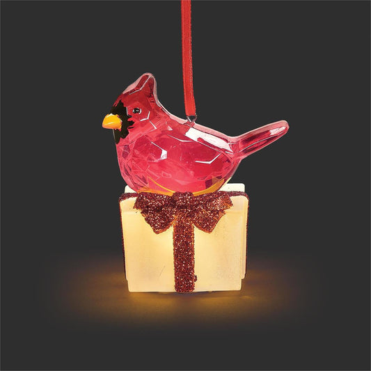 Lighted Crystal Cardinal On Present Ornament
