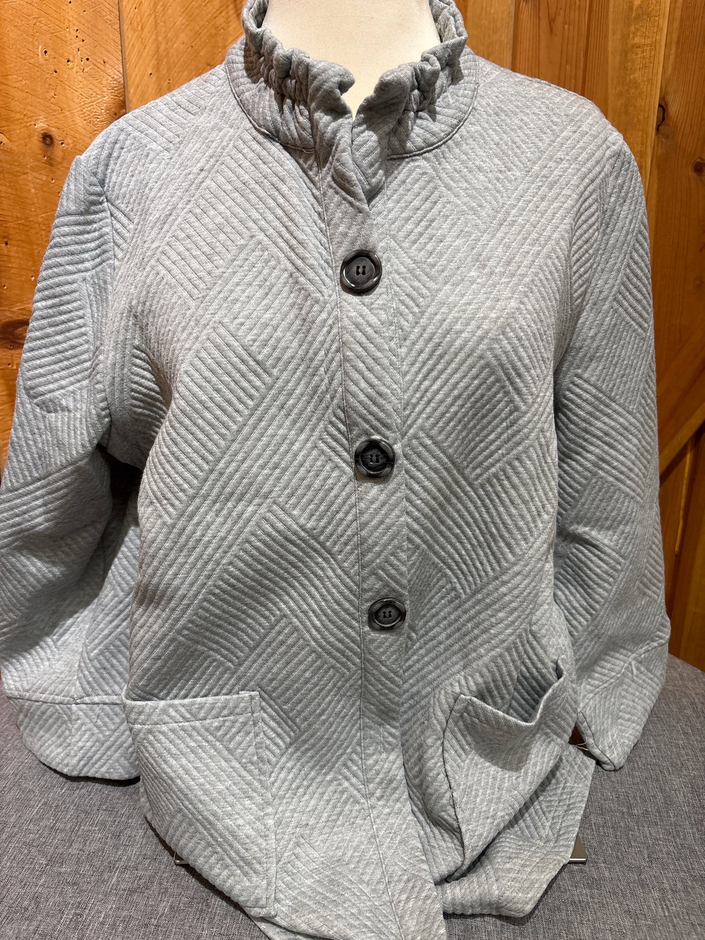 Creation Open Neck Button Grey Stripe Top