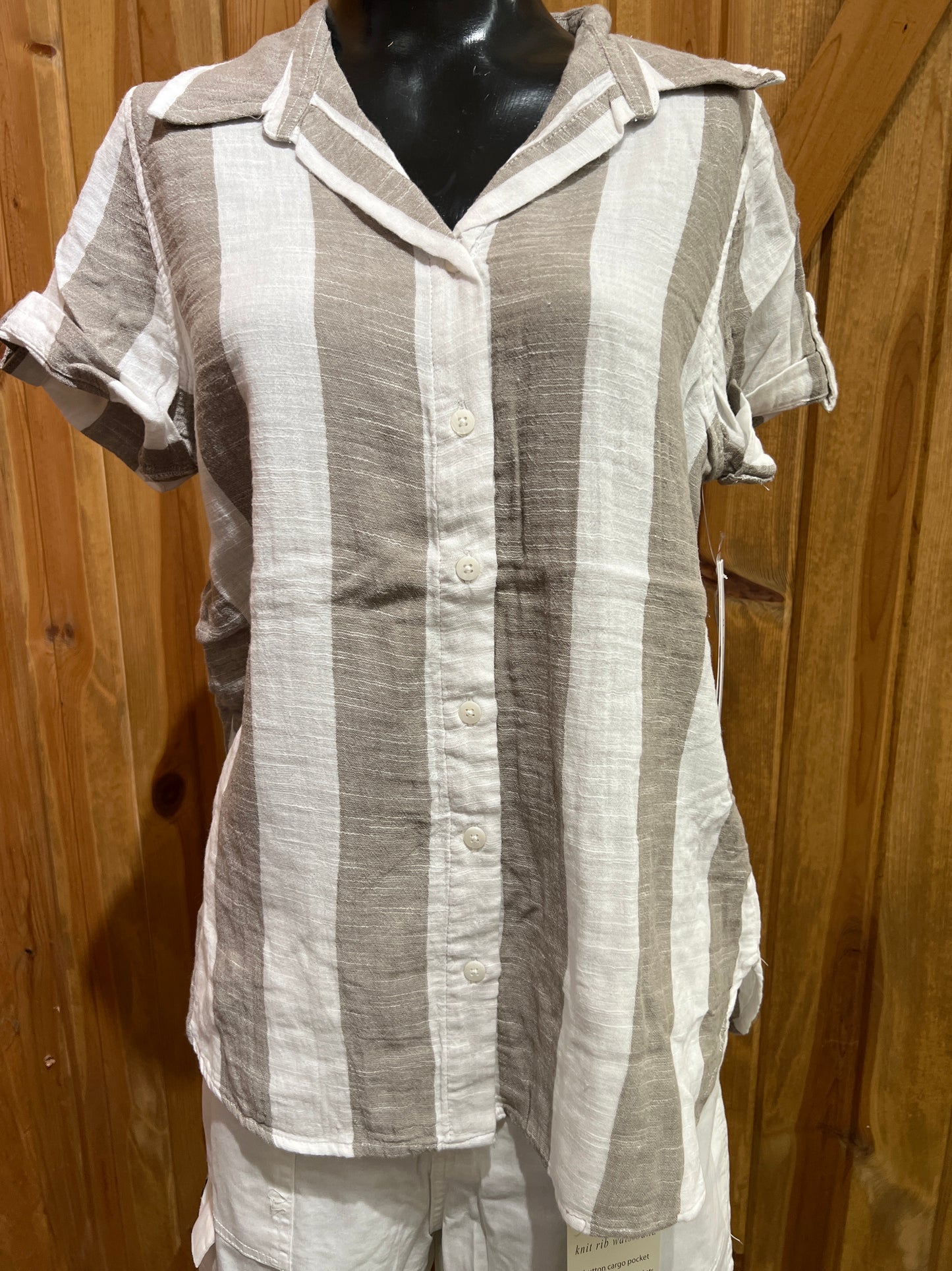 Dash Short Sleeve Roll Tab Button Front Blouse
