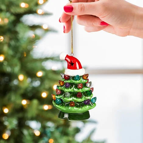 LED Ceramic Christmas Tree Ornament with Santa Hat