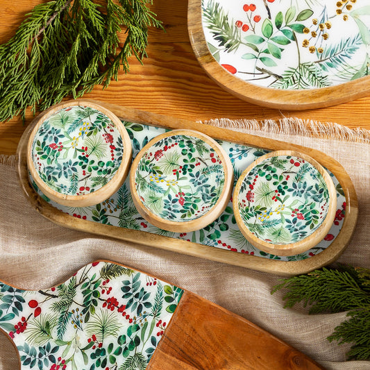 Festive Foliage 3-Section Wood Server with Bowls