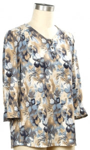 N Touch 3/4 Sleeve Floral Placket Top