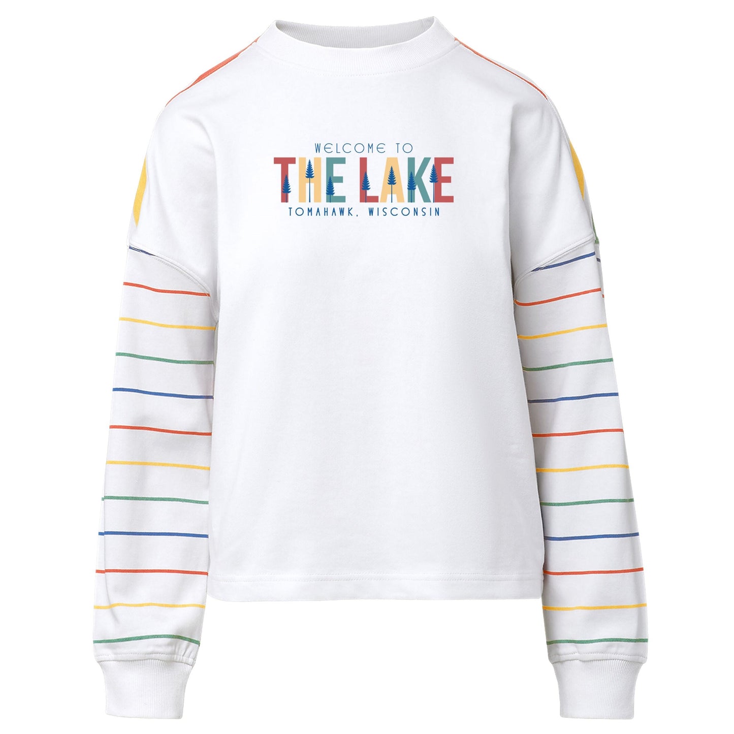 Welcome To The Lake Women's Striped Sleeve Crewneck