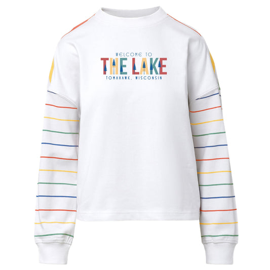 Welcome To The Lake Women's Striped Sleeve Crewneck