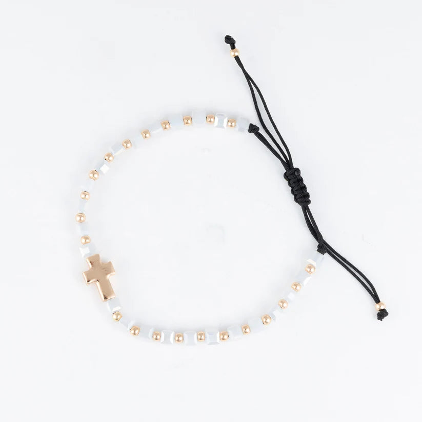 Adjustable Square Glass Bead and Cross Bracelet
