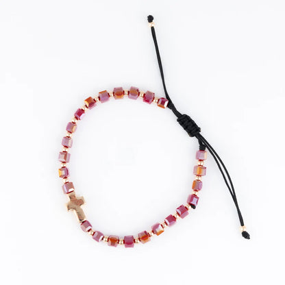 Adjustable Square Glass Bead and Cross Bracelet