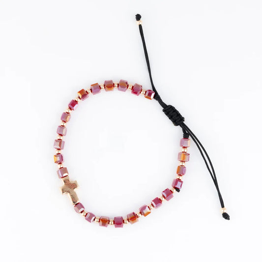 Adjustable Square Glass Bead and Cross Bracelet