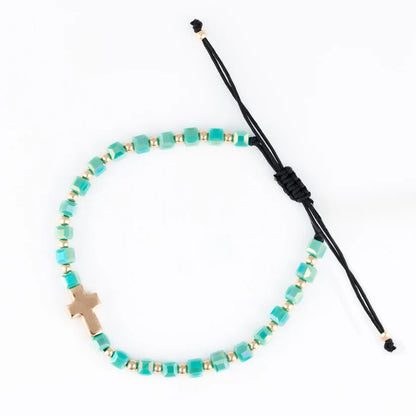 Adjustable Square Glass Bead and Cross Bracelet