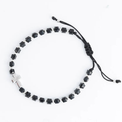 Adjustable Square Glass Bead and Cross Bracelet