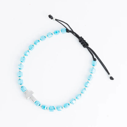 Adjustable Square Glass Bead and Cross Bracelet