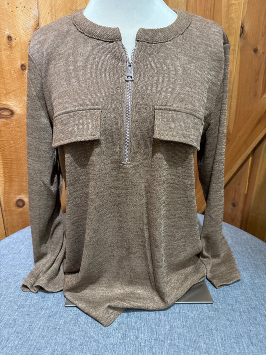 Creation Brown Double Pocket Half Zip Long Sleeve Top
