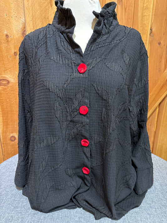 Creation Red Button Down Wire Collar Black Top