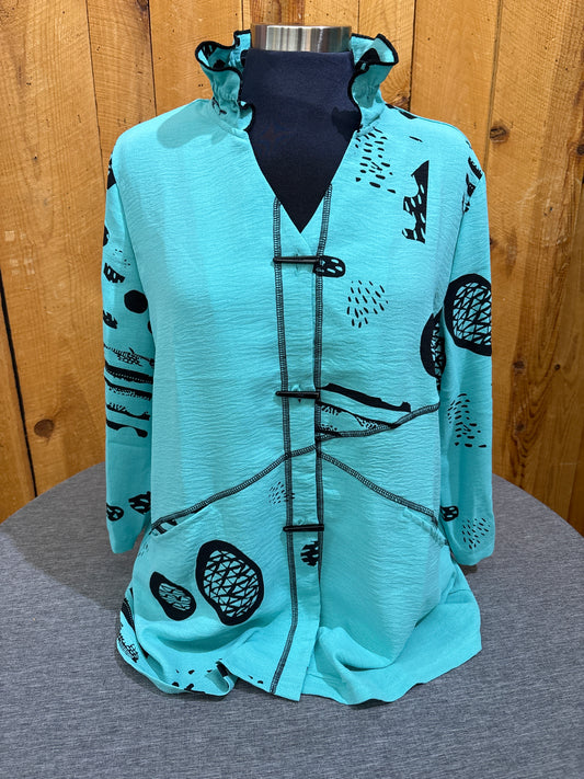 Creation Blue V Neck Horn Button Print