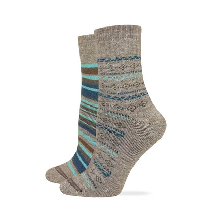 Wise Blend Ladies Merino Wool Fair Isle Stripe Micro Crew Socks - 2 Pack