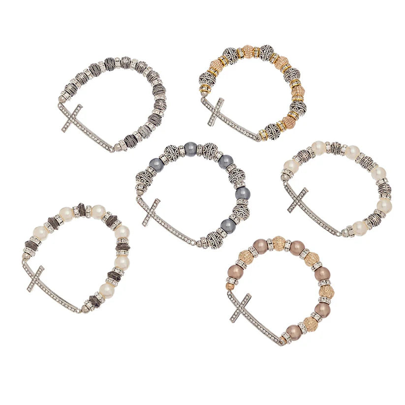 Pearl and Stone Cross Bracelet