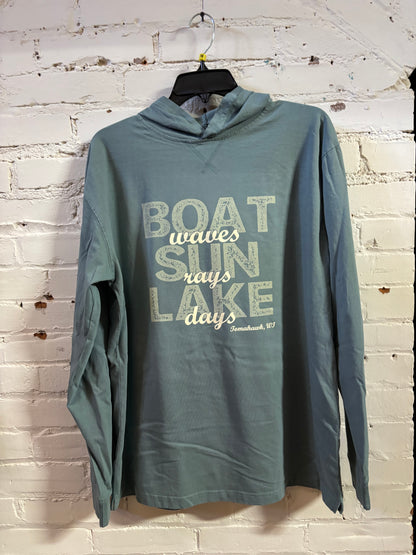 Tomahawk Boat Waves Sun Rays Lake Days Long Sleeve Hoodie Tee