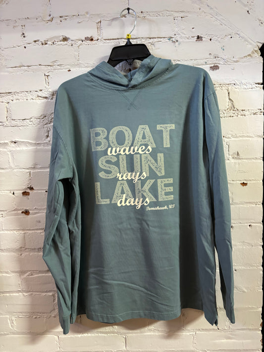 Tomahawk Boat Waves Sun Rays Lake Days Long Sleeve Hoodie Tee