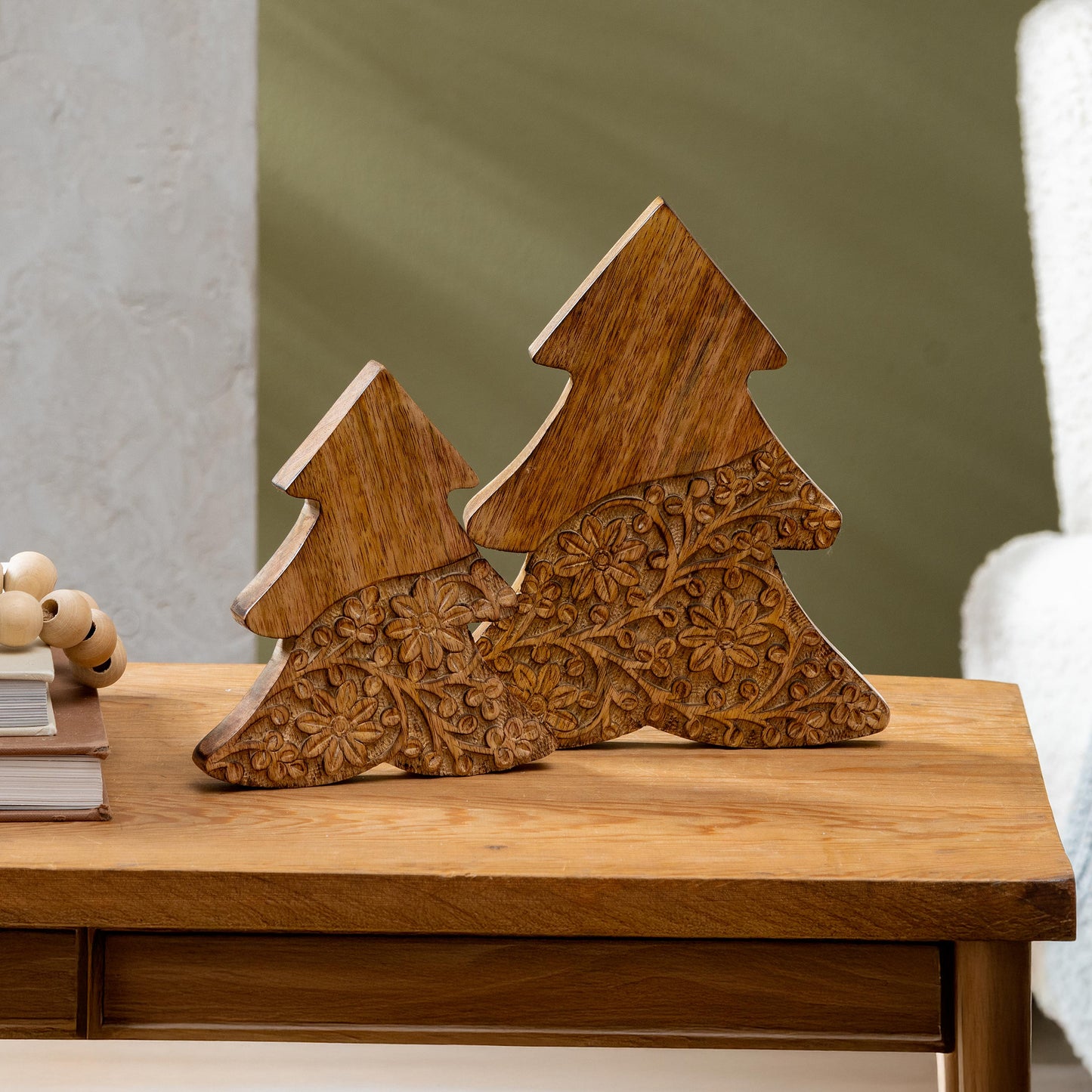 Carved Wood Floral Tree Table Decor