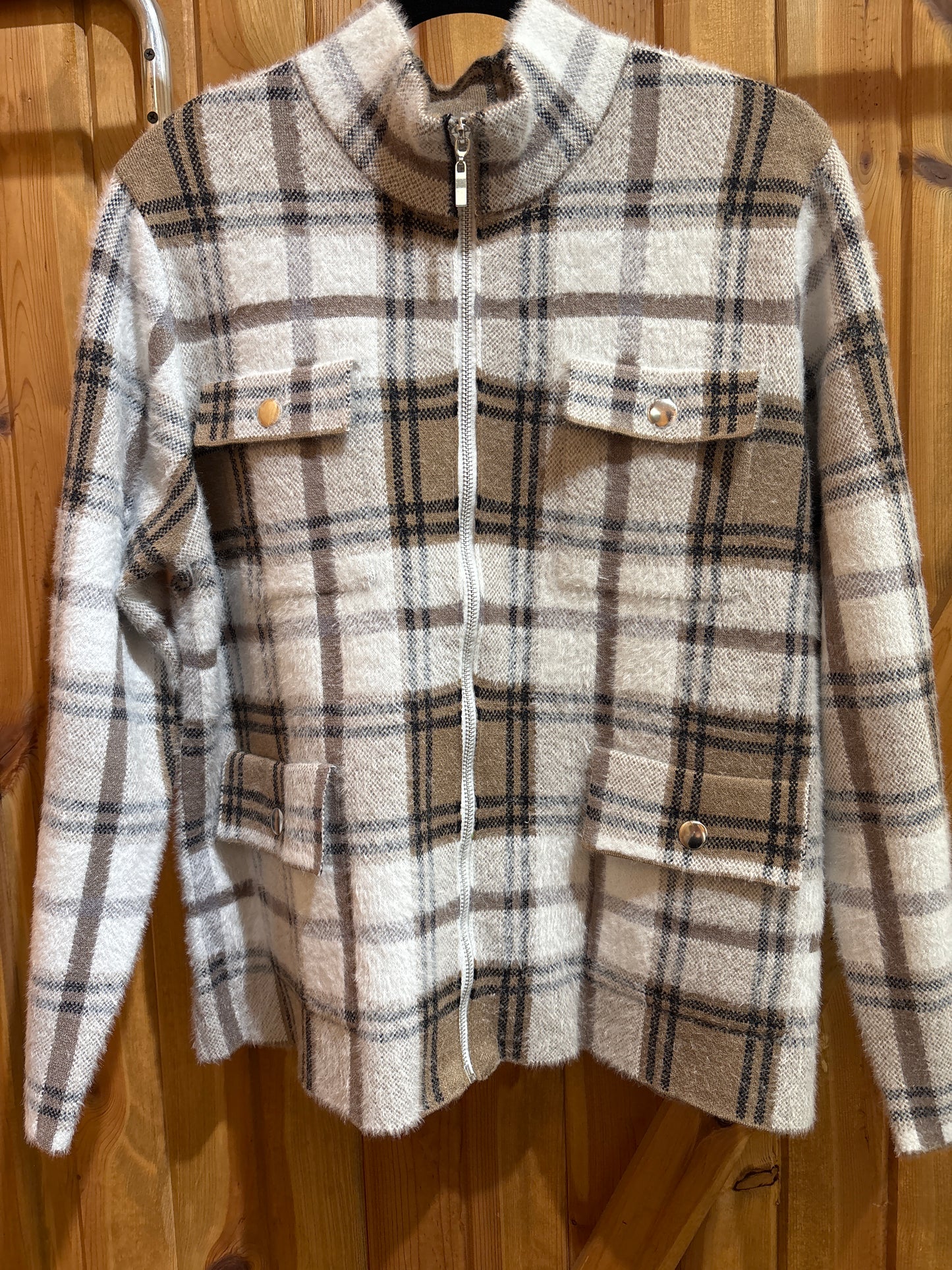 N Touch Sasha Neutral Plaid Sweater Jacket