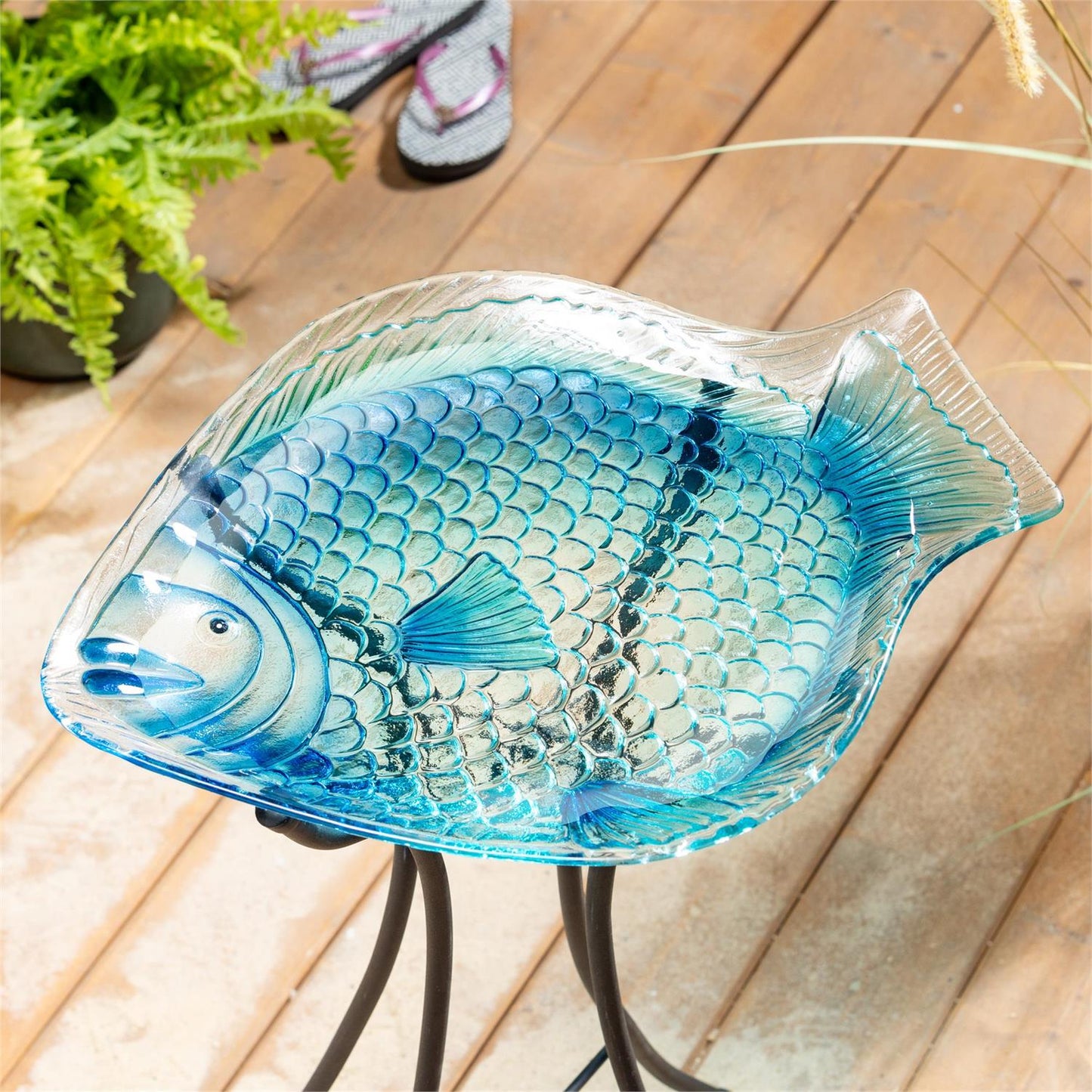 Blue Fish Glass Birdbath
