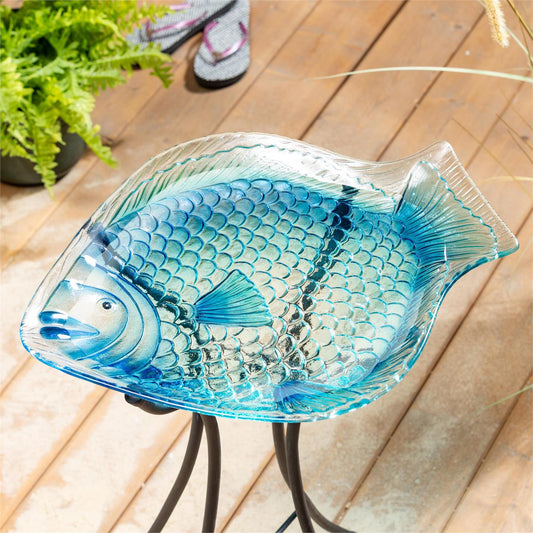 Blue Fish Glass Birdbath