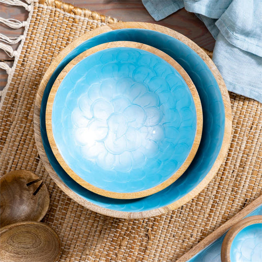 Blue Coastal Scalloped Wood Bowls
