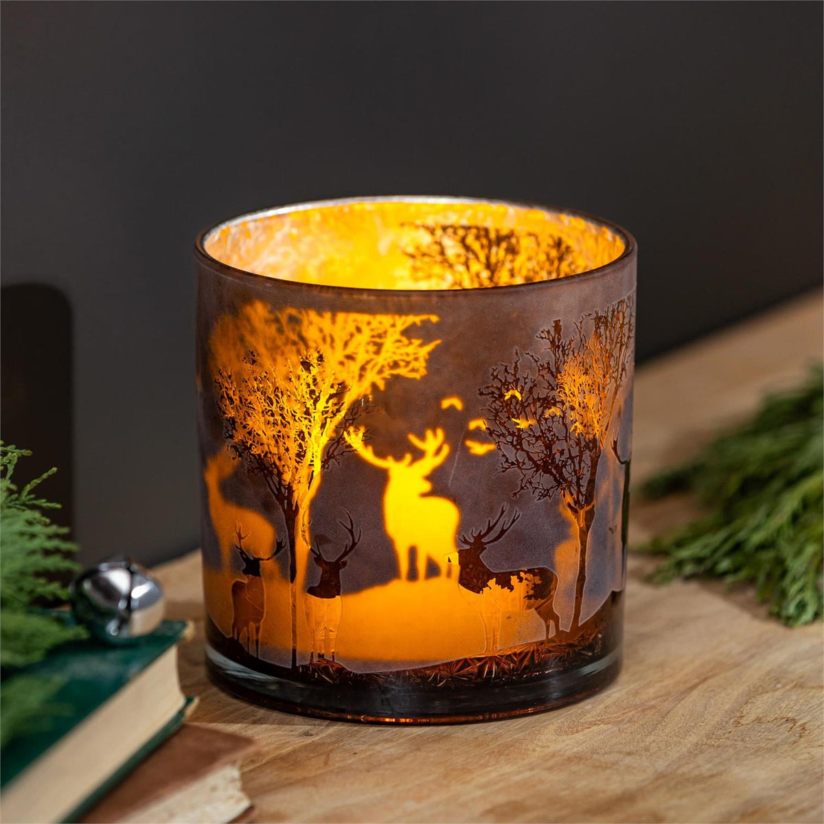 VivaStyle Glass Etched Reindeer and Trees Candle Holder