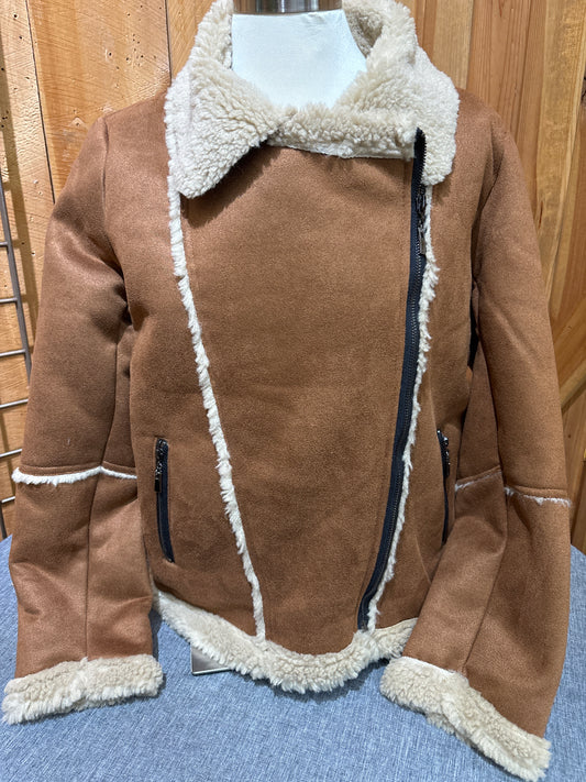 Creation Leather Asymmetrical Zipper Fur Lined Jacket