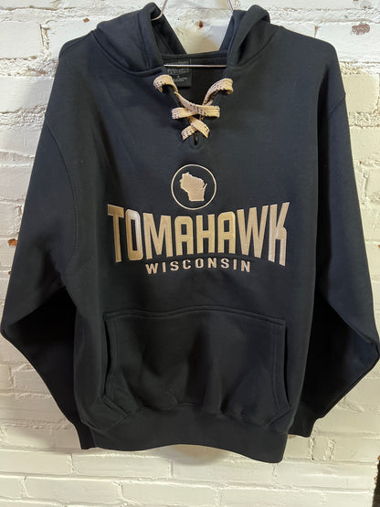 Tomahawk Wisconsin Outlined State Embroidered Laced Hoodie