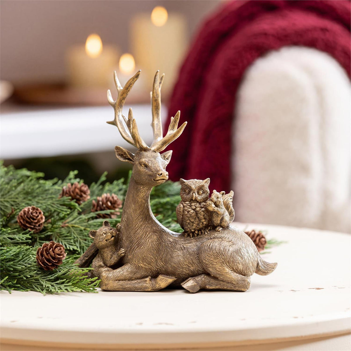 Winter Grove Reclining Deer W/ Owl & Squirrel