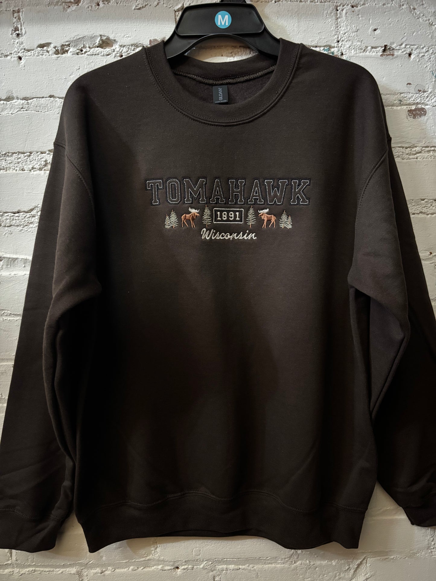 Tomahawk Embroidered Moose and Trees Crewneck