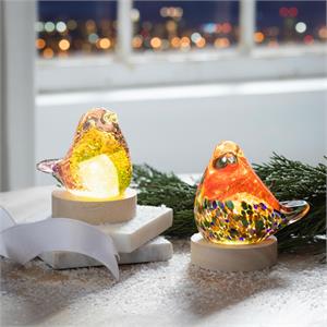 Snowbirds LED Glass Bird With Wood Table Decor