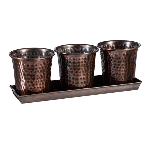 Hammered Metal Planters on Oval Tray