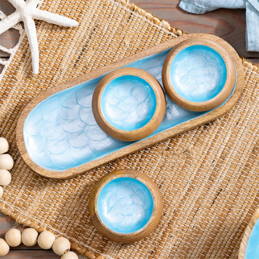 Blue Coastal Scalloped Wood Tray With Bowls