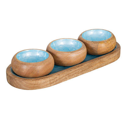 Blue Coastal Scalloped Wood Tray With Bowls