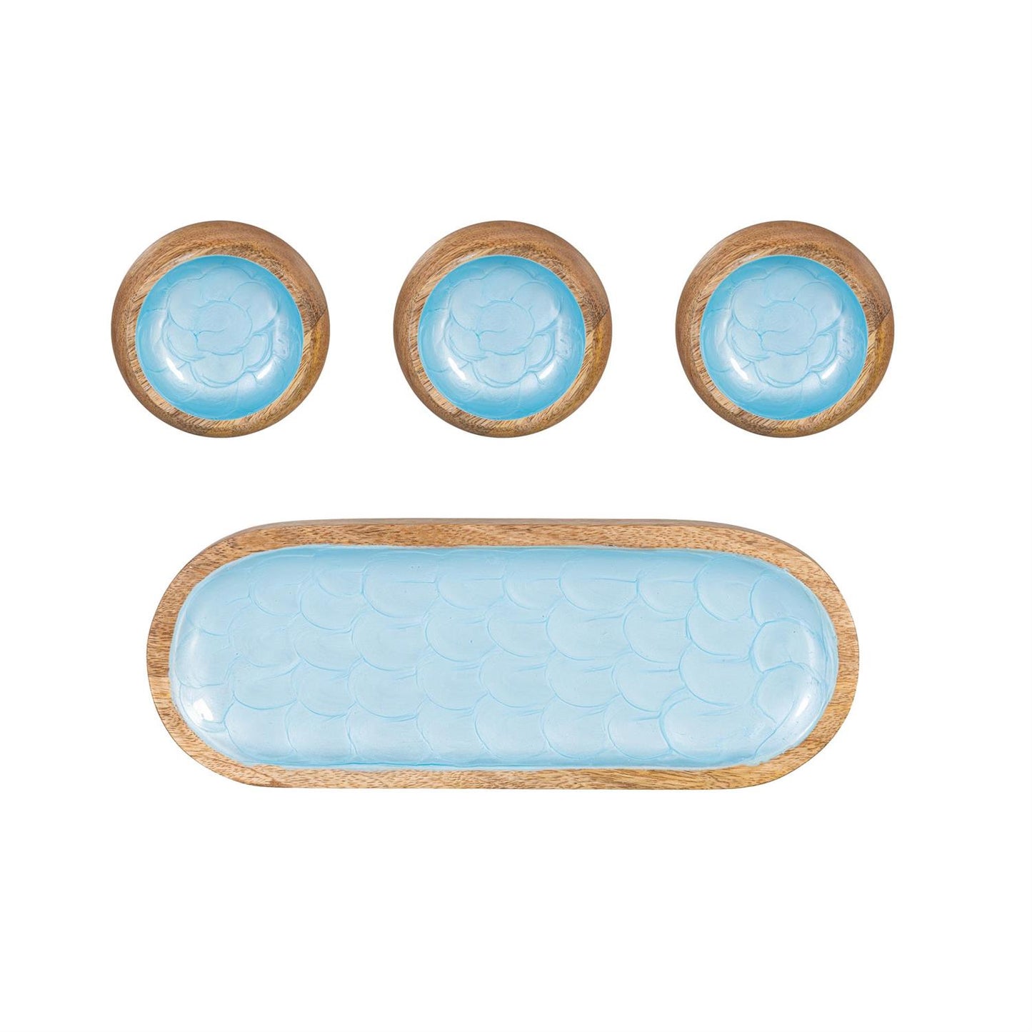 Blue Coastal Scalloped Wood Tray With Bowls